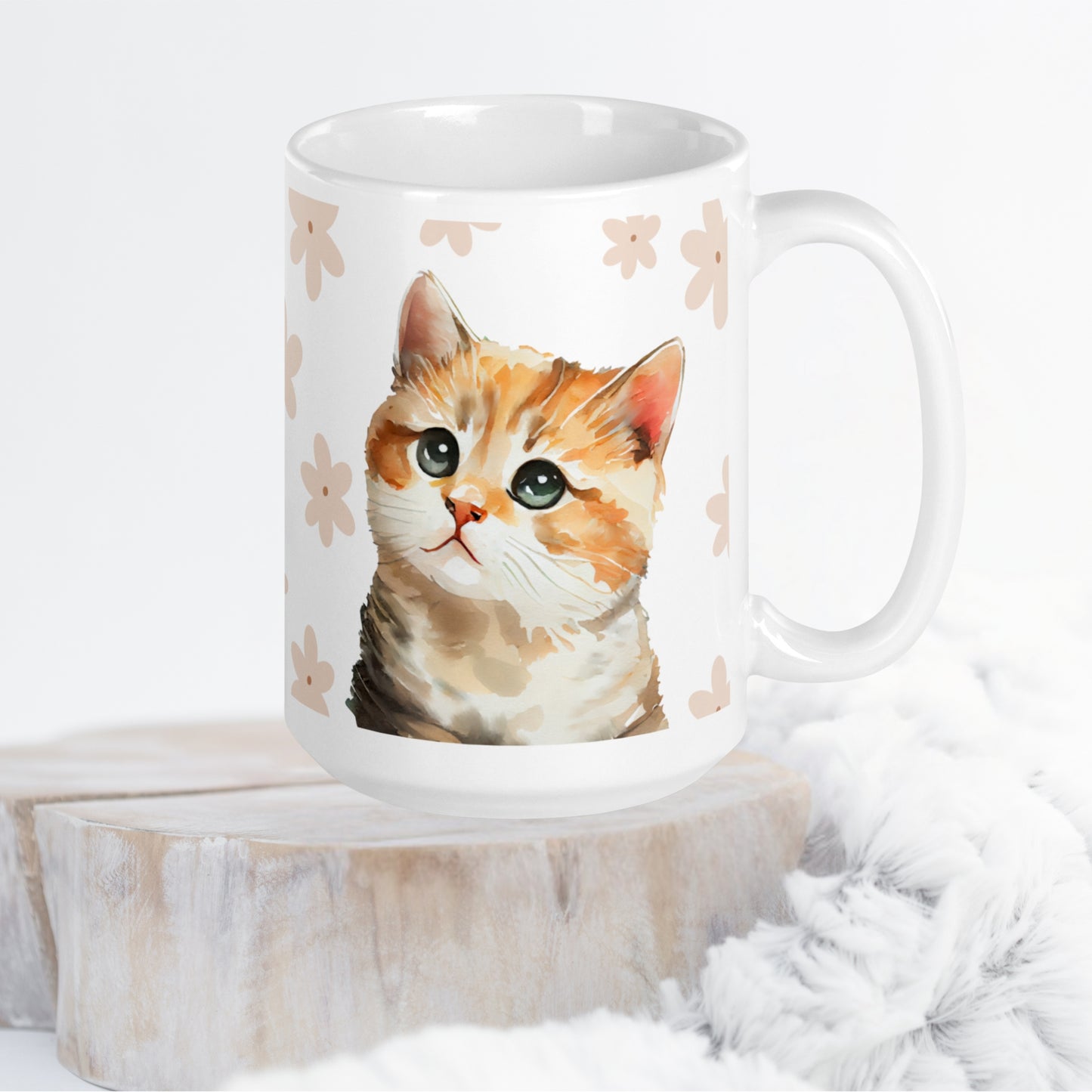 A 15oz white glossy ceramic mug adorned with an adorable watercolor-style cat illustration and a charming pink clover pattern design, exuding artistic elegance, beautifully showcased on a tastefully decorated table.