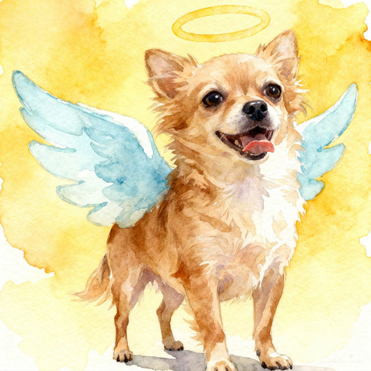 Dog portrait with angel wings and a halo on a yellow background