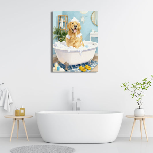Canvas print of a dog in a bathtub on a wall in a bathroom setting.