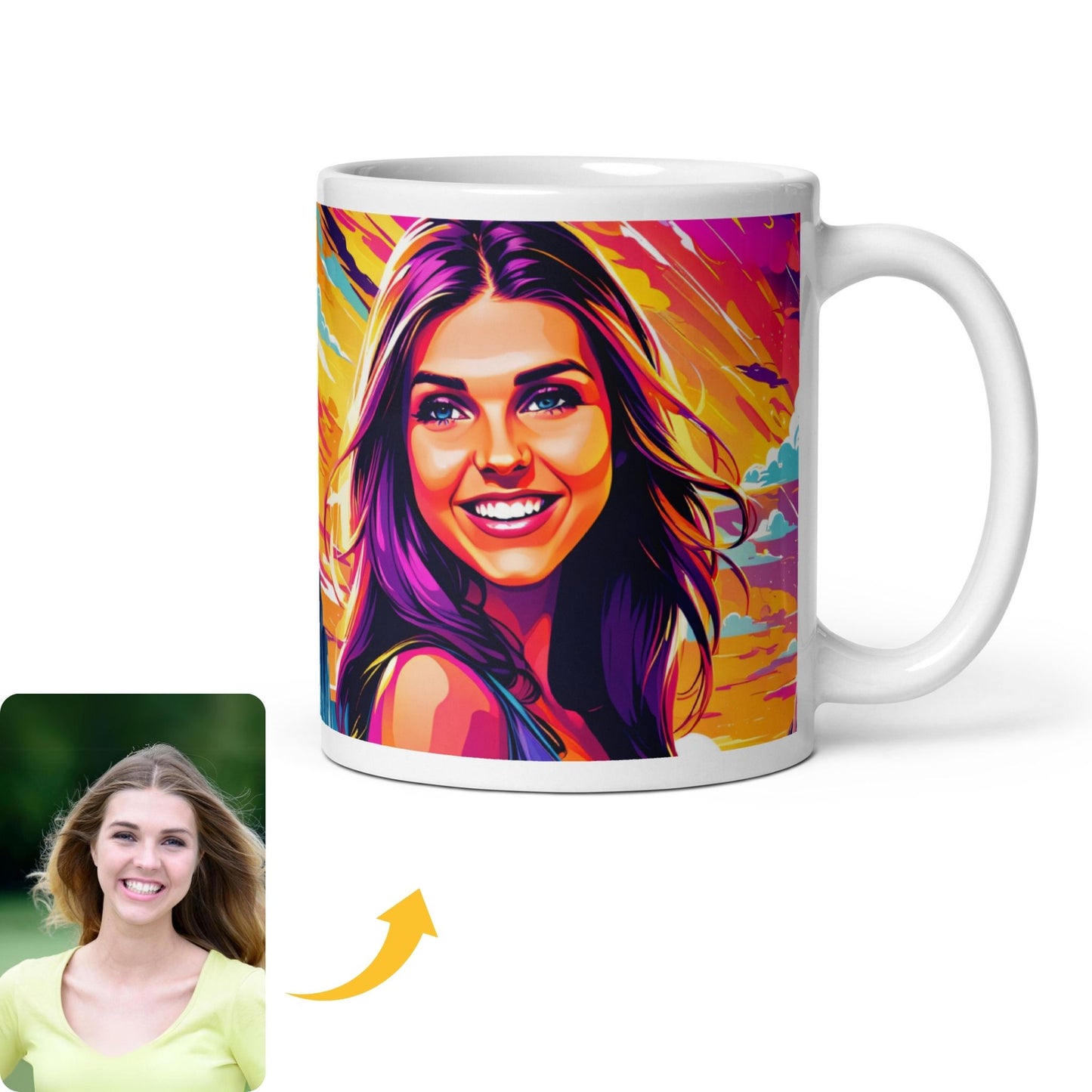 A custom mug featuring a vibrant Pop Art portrait of a young woman, with her original photo displayed on the side.