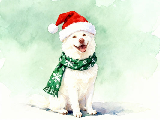 Custom Christmas pet portrait of a smiling white dog in Santa hat and snowflake scarf, watercolor style.