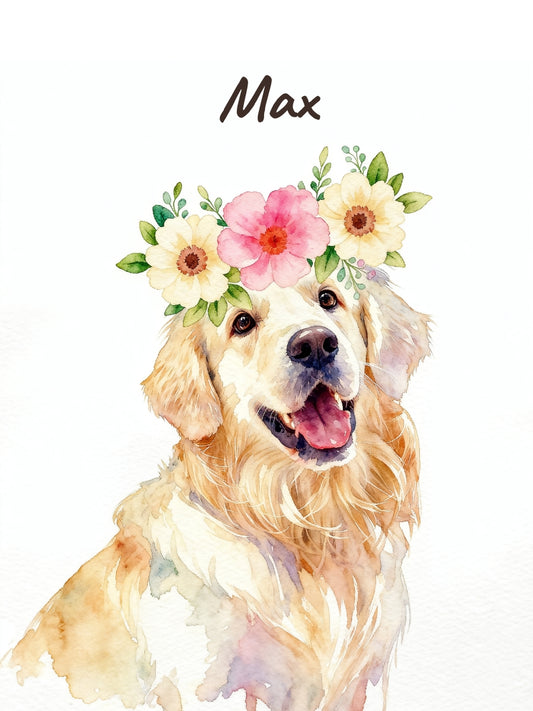 Watercolor illustration of a dog wearing a floral crown, set against a white background.
