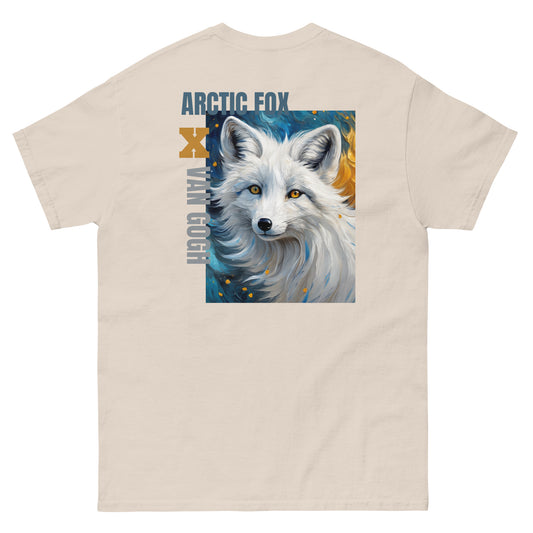 Back graphic of an Arctic White Fox Tee in natural-color, featuring an arctic fox design with a Van Gogh-inspired starry night background, blending art and style.