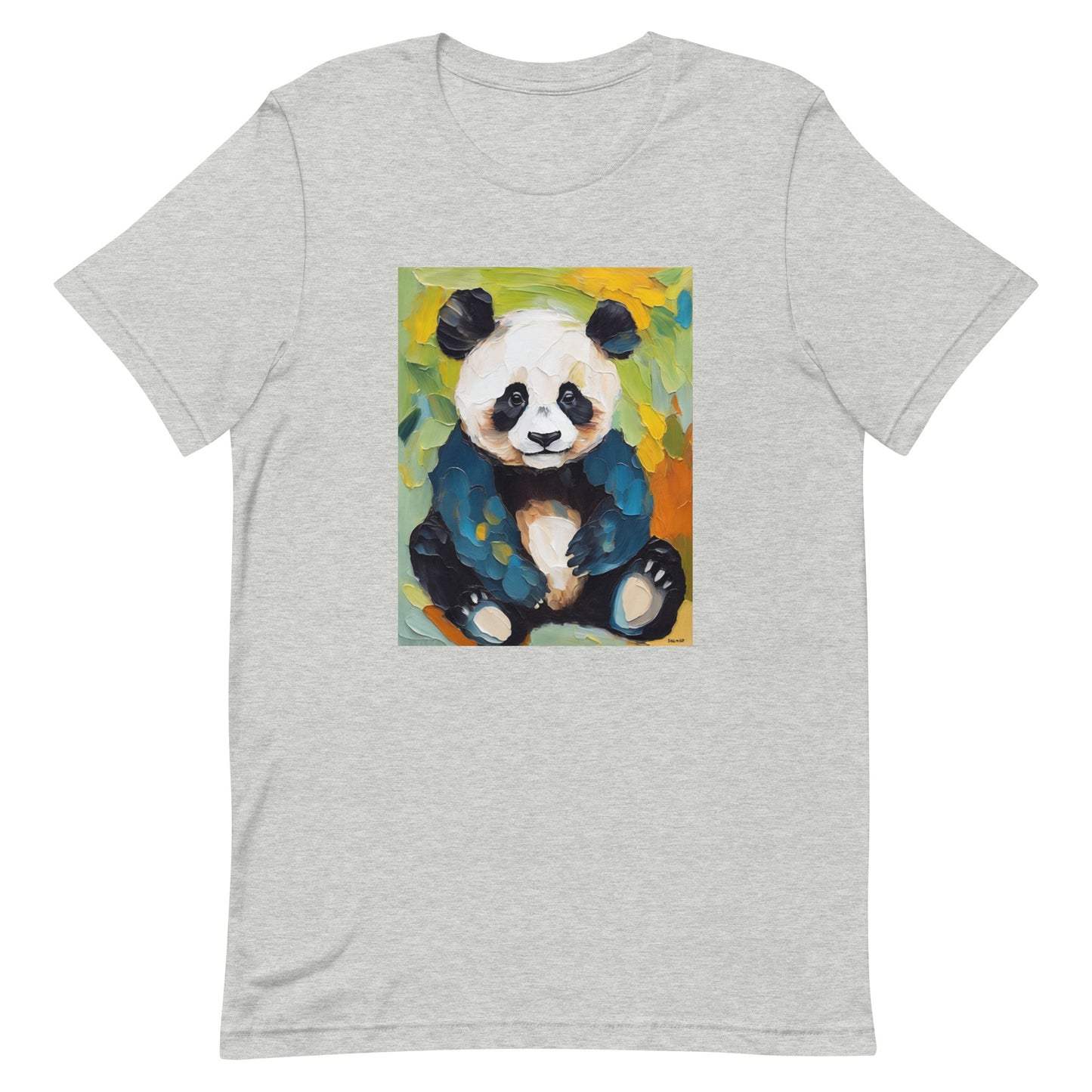 Grey cotton t-shirt with an artistic panda graphic and a vibrant, colorful bloom-inspired background.