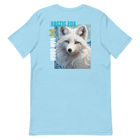 Artistic White Fox T-Shirt in ocean blue color, featuring a Van Gogh-inspired white fox graphic design that blends art and style.