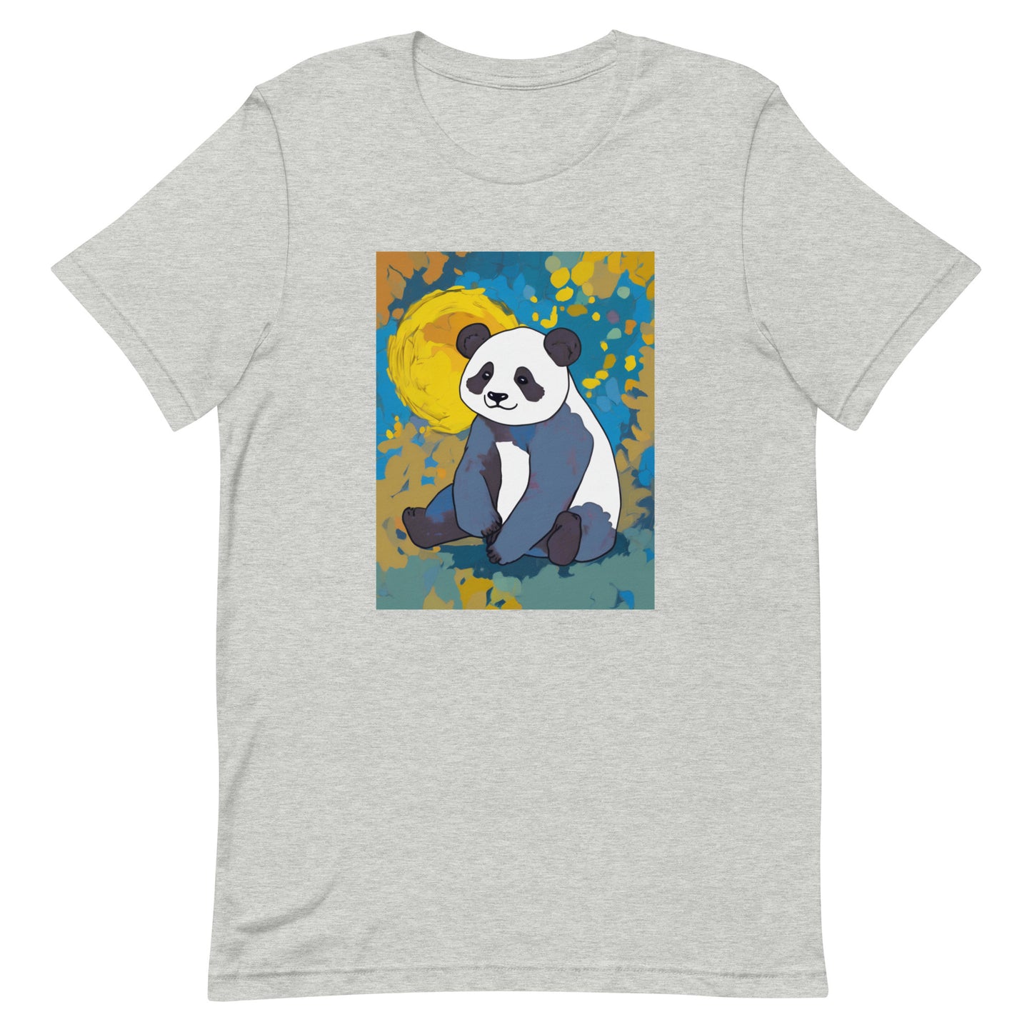 Grey cotton T-shirt with a cartoon panda design surrounded by vibrant, abstract color splashes. Soft, stylish, and comfy for everyday wear.