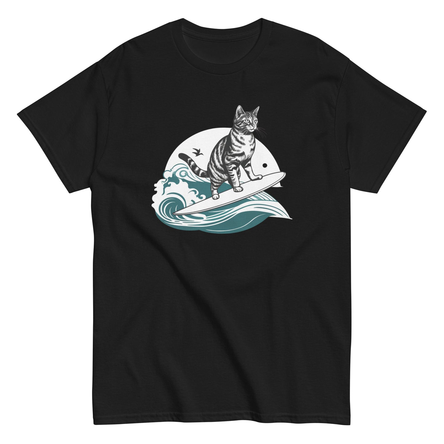 Black cotton T-shirt with a cool surfing cat design, perfect cat shirt for men.