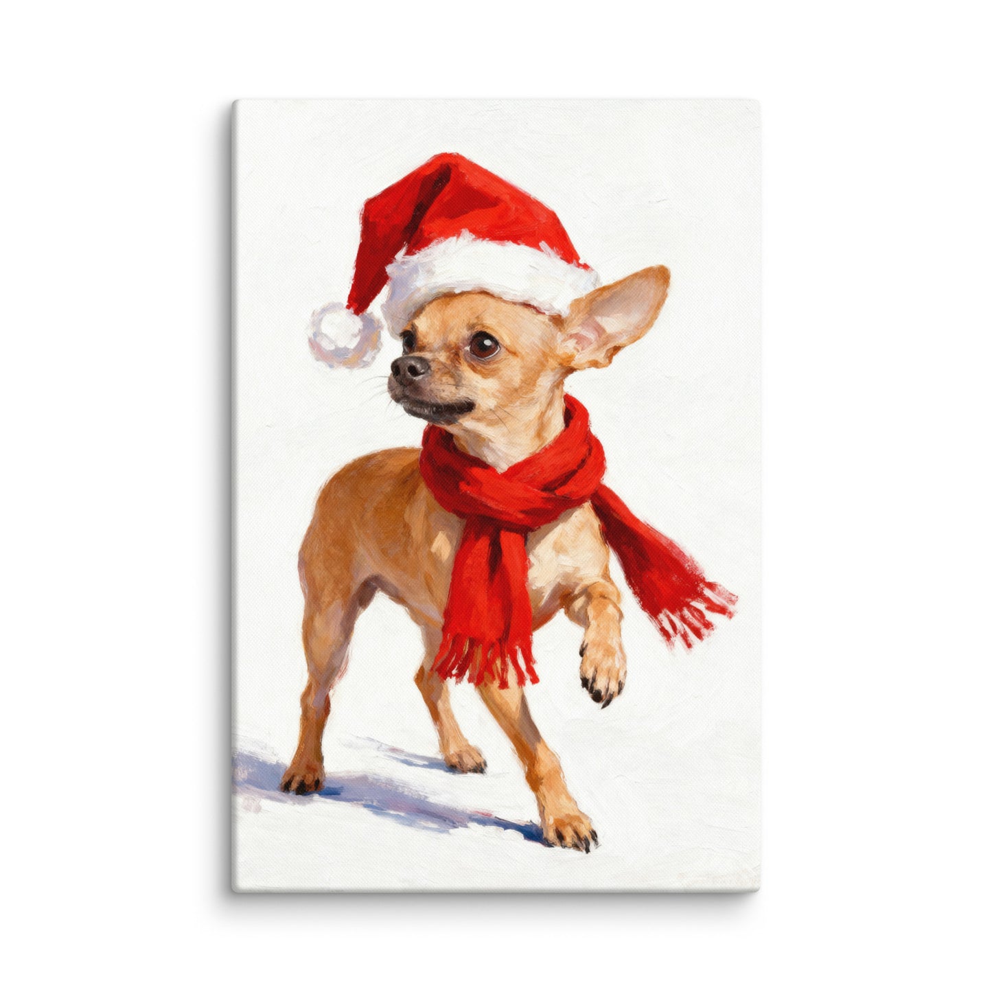Whimsical Christmas Chihuahua portrait with red Santa hat and scarf on snowy white background.