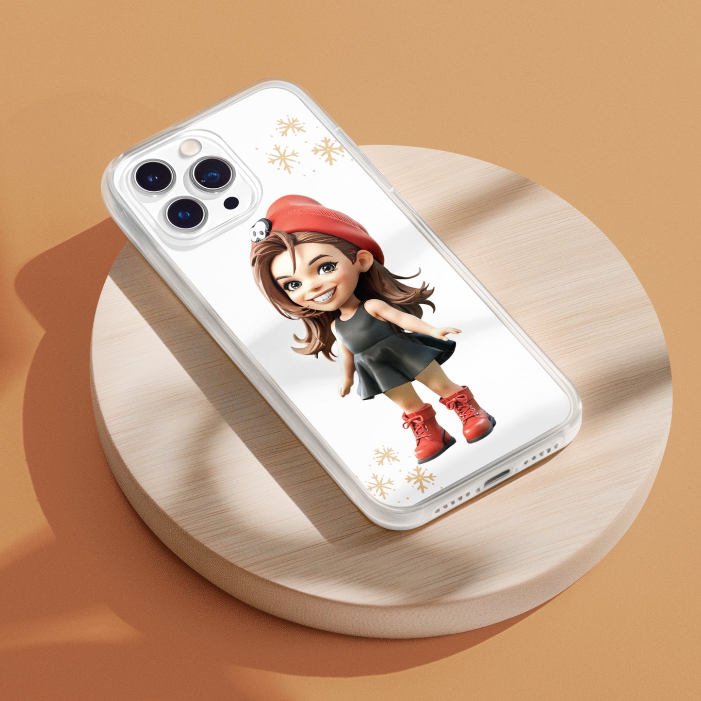 A clear Christmas-themed iPhone case featuring a custom cartoon portrait of a woman in a festive dress, elegantly displayed on a modern table. The stylish and personalized holiday design adds a cheerful touch to your device.