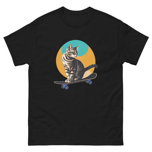 Black short-sleeve cool cat shirt with a playful graphic of a Purrfect skater cat, crafted from 100% cotton for a comfortable and stylish look.