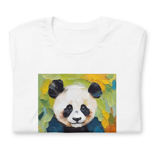 Close-up of a folded white cotton t-shirt featuring an artistic panda graphic with a vibrant and colorful bloom-inspired background.