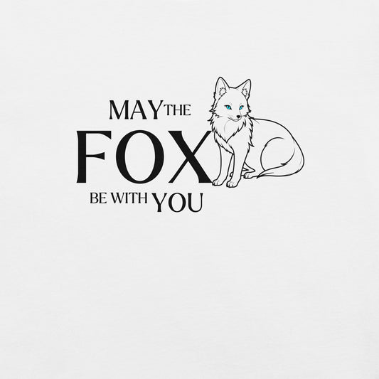 Close-up of a minimalist graphic T-shirt in white, featuring a white fox design and the humorous phrase 'May the Fox be with you.
