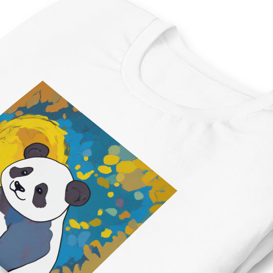 Close-up of a white cotton T-shirt featuring a cartoon panda surrounded by vibrant, abstract color splashes. A perfect mix of artistic flair and cuteness.