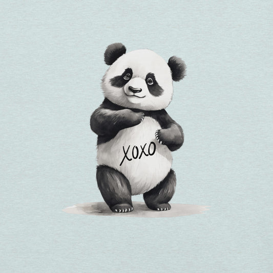 Close up of a Heather Prism Ice Blue t-shirt made of soft cotton, showcasing a playful panda graphic with 'Xoxo' on its belly.