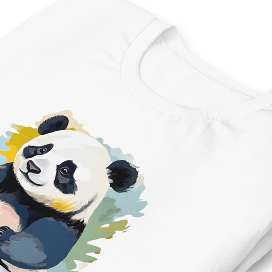 Close up of a white cotton tee featuring an adorable panda graphic with watercolor pastel brushstroke blooms.