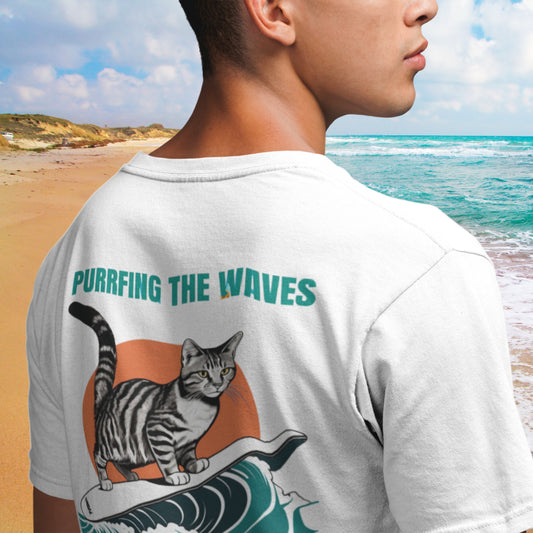 Close up of a young man posing in a back view of a young man posing in a white funny cat tee shirt, featuring a playful surfing cat design and the text: 'Purrfing the Waves' printed on it. A cool and humorous design for cat lovers!
