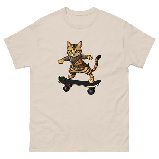Short-sleeve natural color cotton cool cat shirt featuring an Epic Skater Cat.