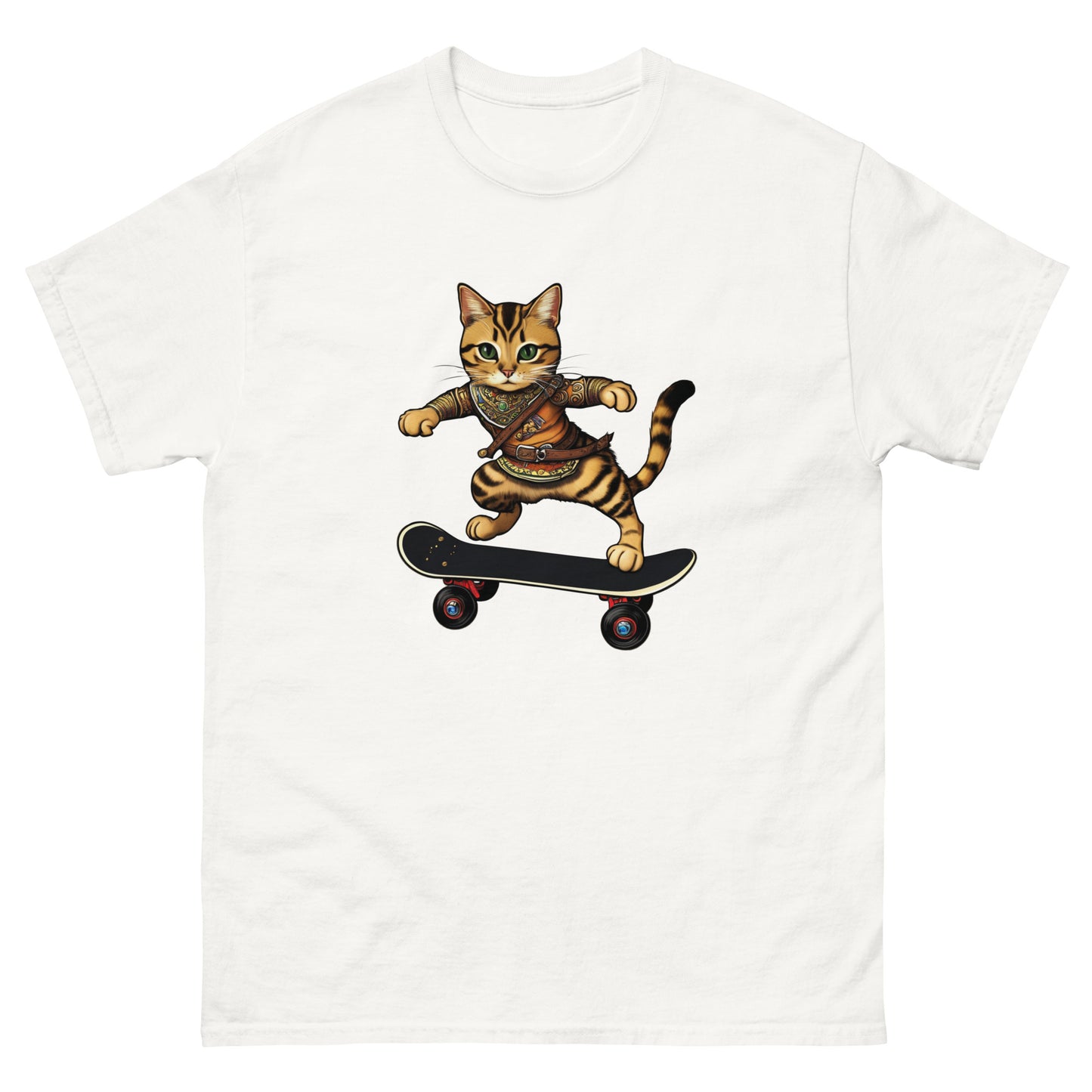 Short-sleeve white cotton cool cat shirt featuring an Epic Skater Cat design.