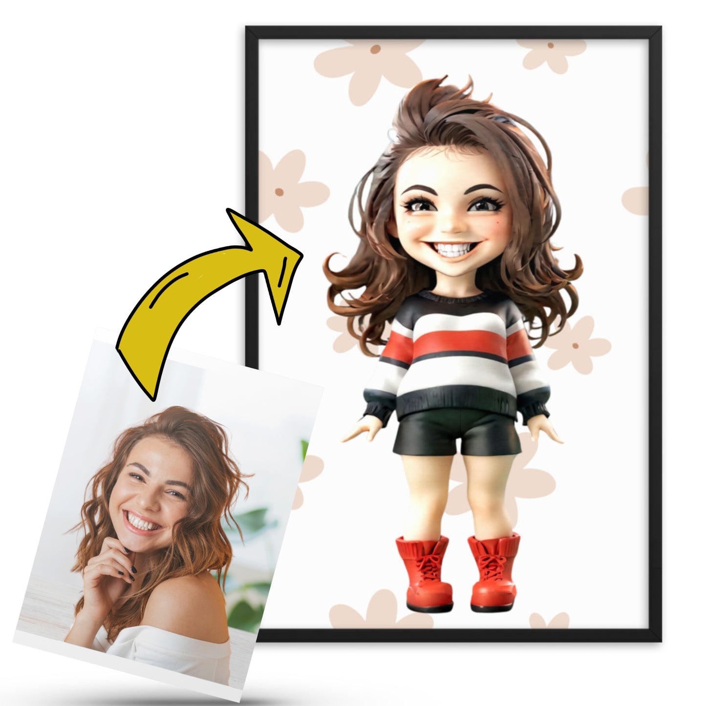 Custom cartoon portrait of a young woman in a casual outfit, with original photo – framed poster.