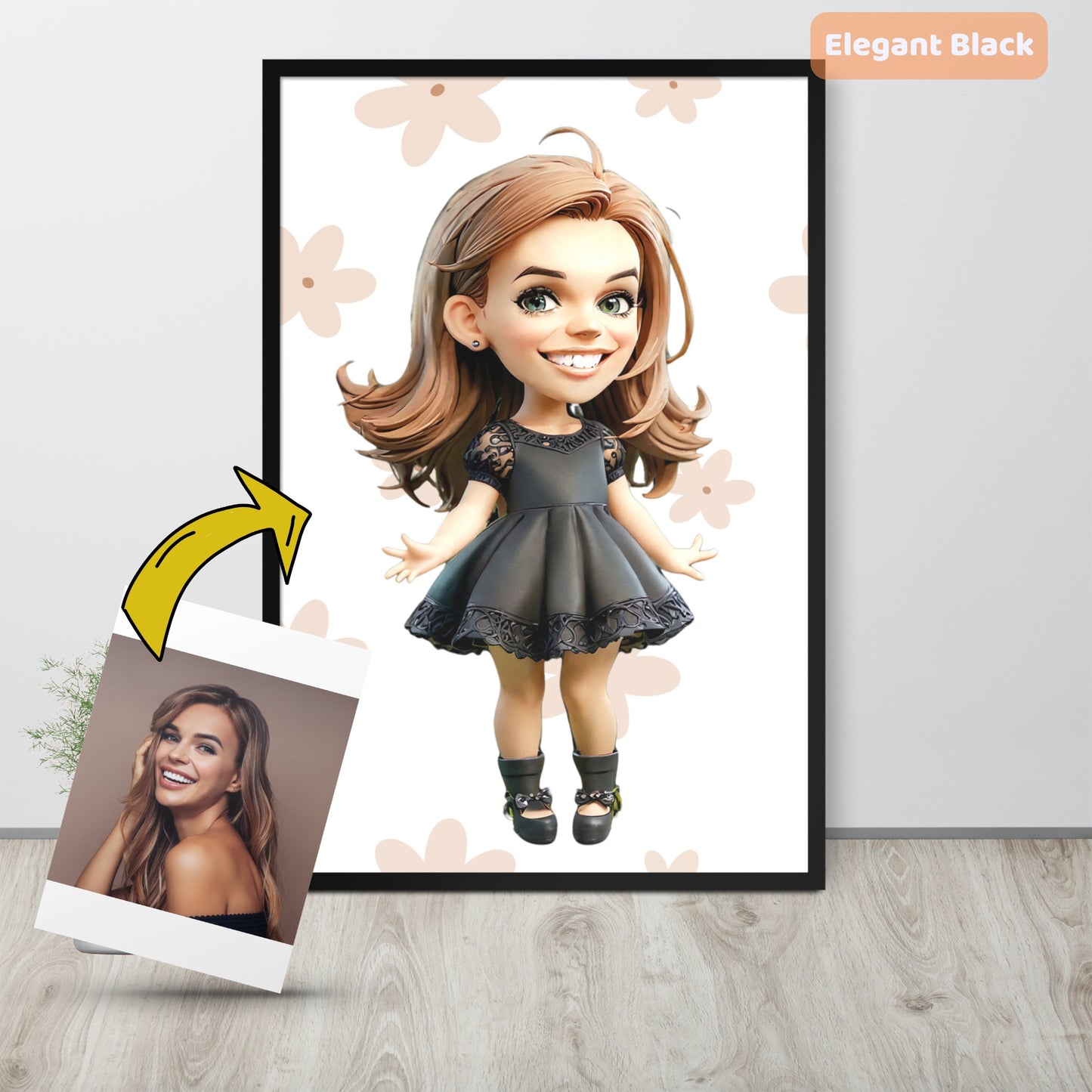 Custom cartoon portrait of a young woman in an elegant black dress, with original photo – framed poster.