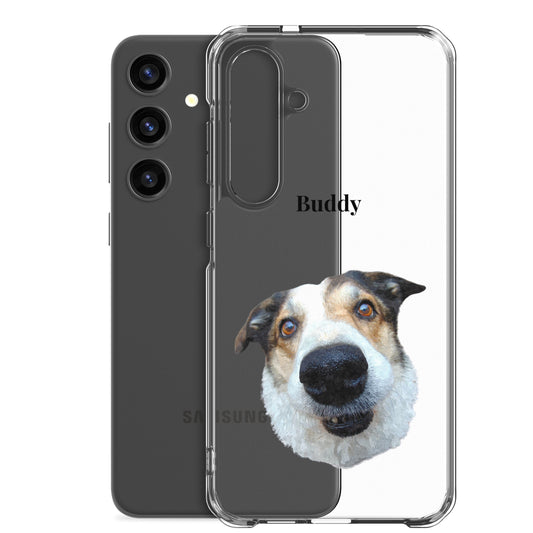 Custom Dog Phone Case featuring a portrait of Buddy the dog on a Samsung clear case.