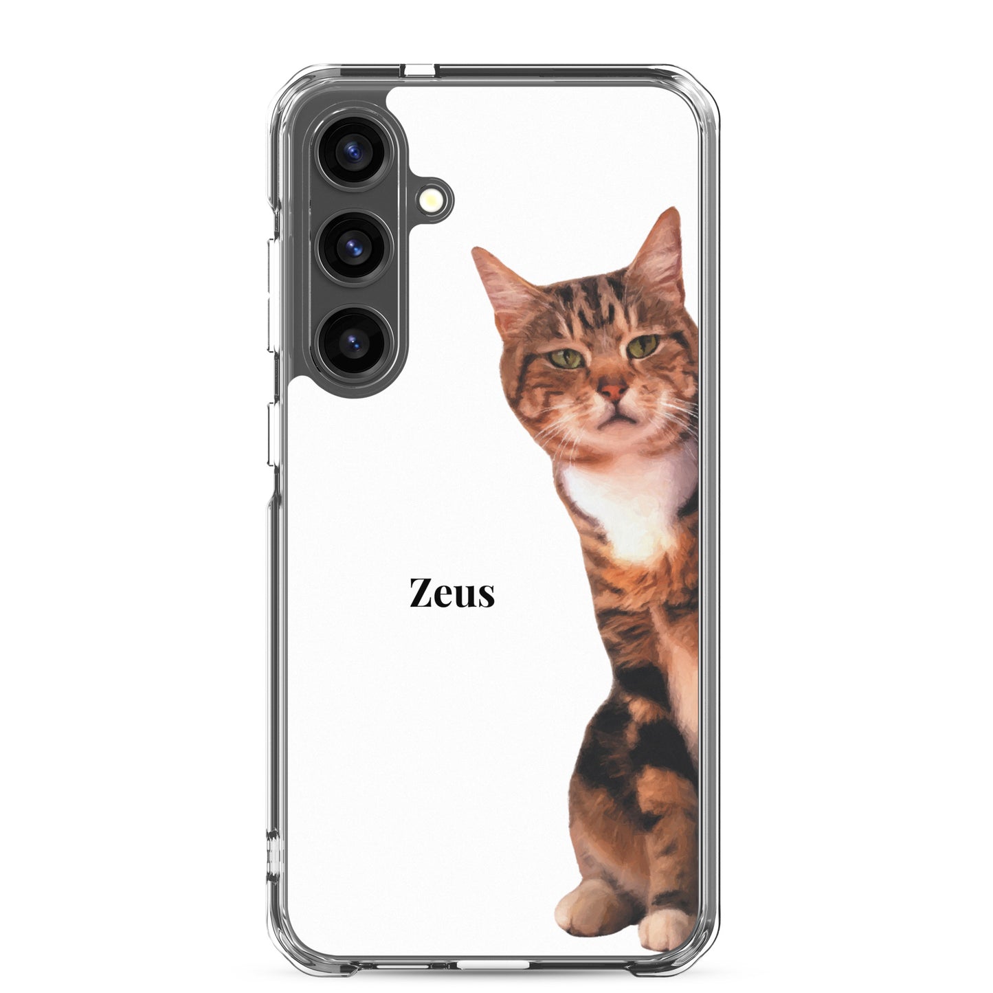 Custom pet phone case featuring a portrait of Zeus the cat on a Samsung case.