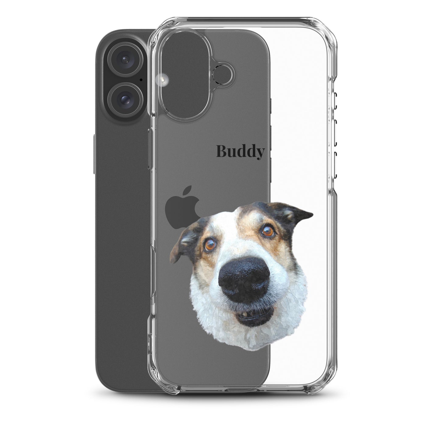 Custom phone case featuring a portrait of Buddy the dog on a clear iPhone case.