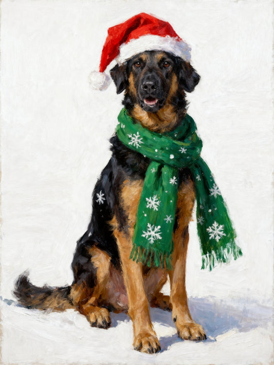 Christmas dog portrait with Santa hat and green snowflake scarf on white winter background.