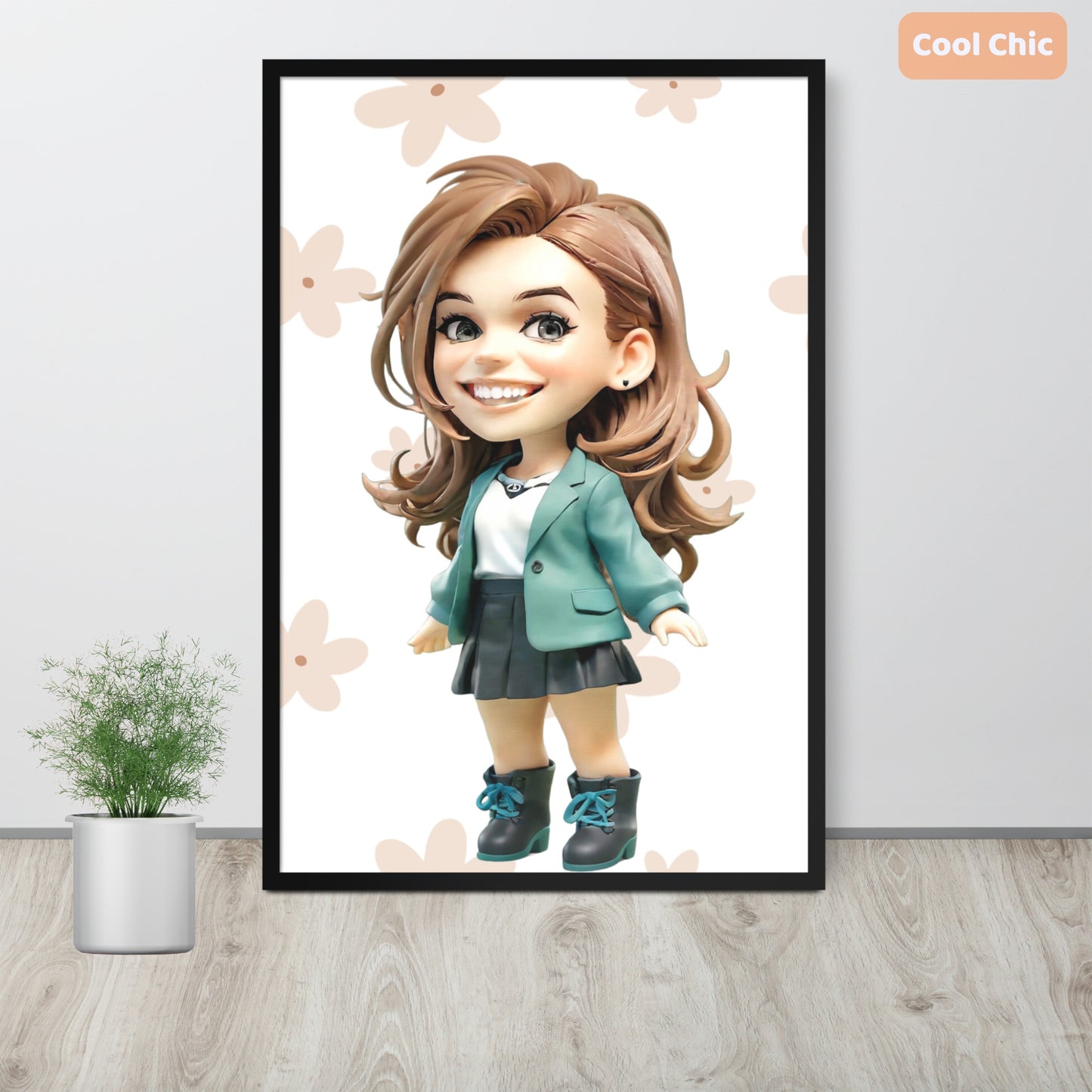 Custom cartoon portrait of a young woman in a cool outfit – framed poster.