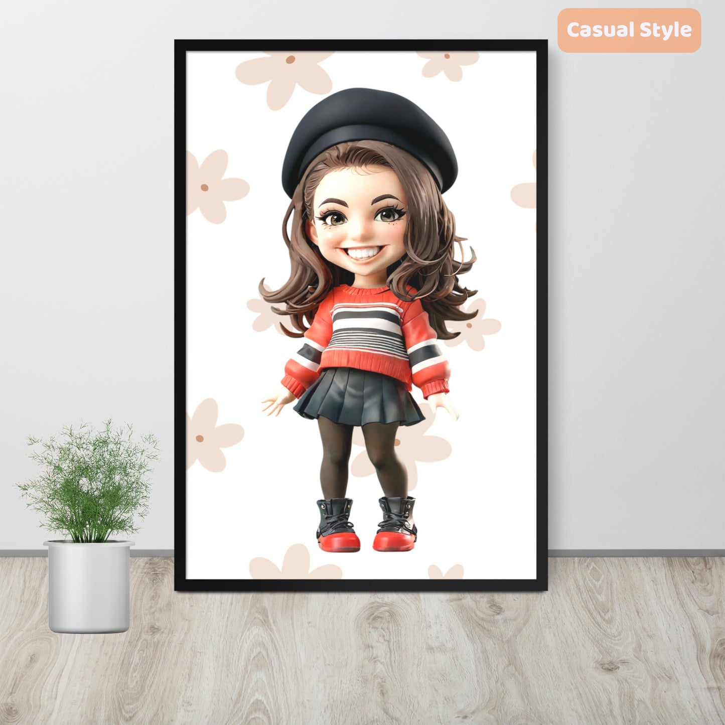 Custom cartoon portrait of a young woman in a casual outfit – framed poster.