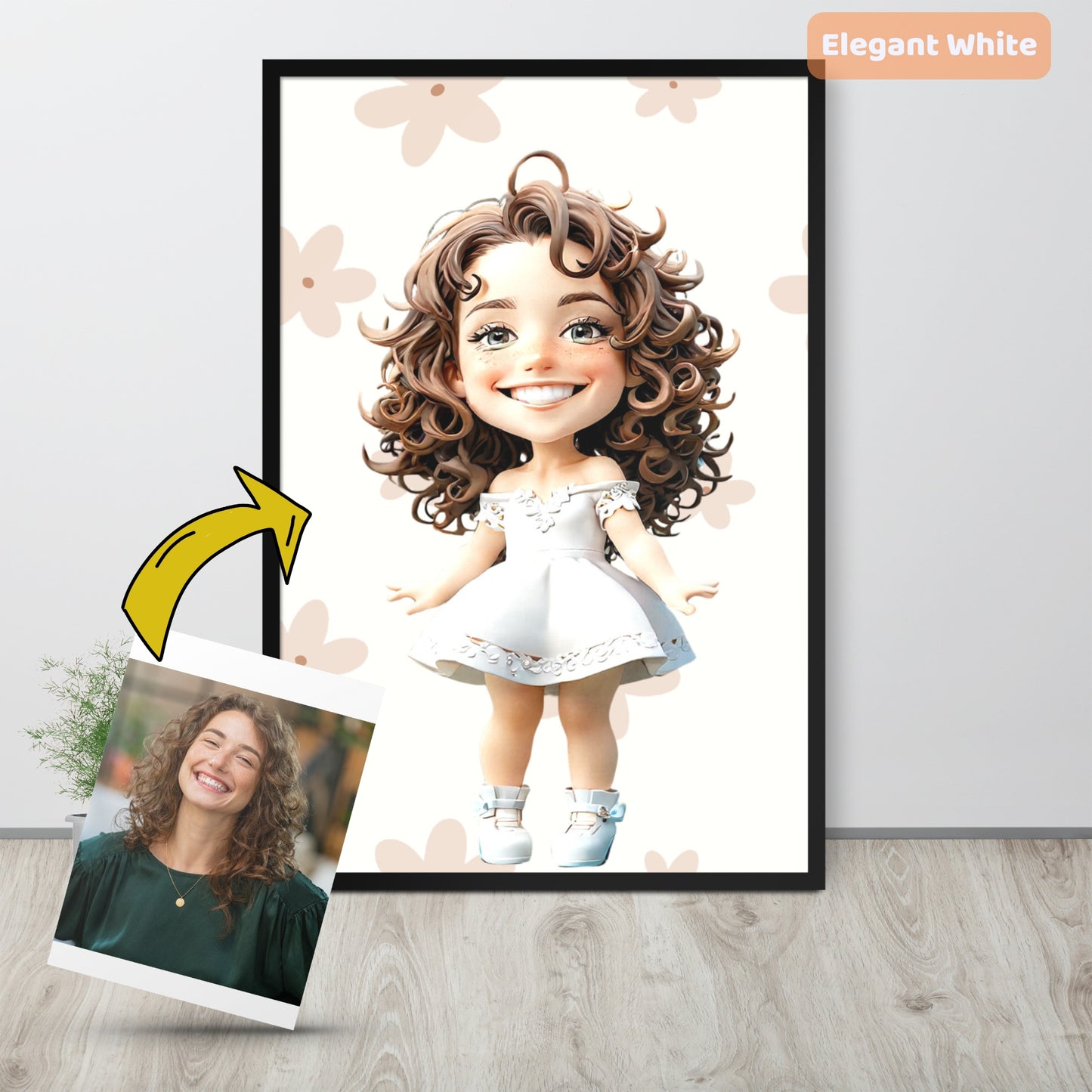 Custom cartoon portrait of a young woman in an elegant white dress, with original photo – framed poster.