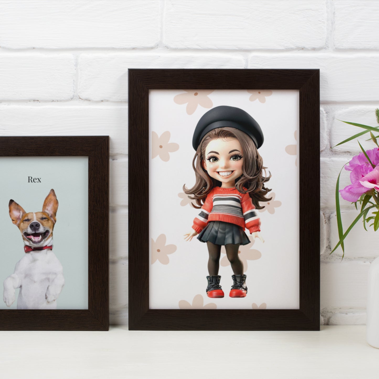 A stylish framed custom cartoon portrait featuring a young woman in a designer-inspired chic outfit, displayed as elegant wall art in a contemporary home.