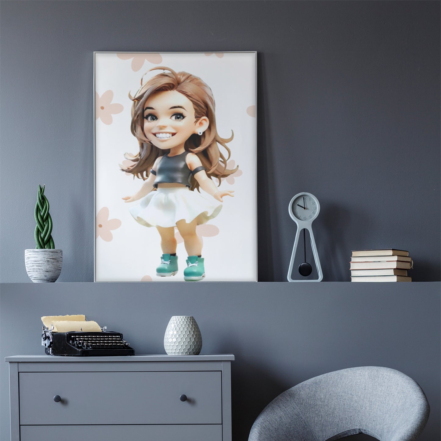 A framed custom cartoon portrait poster featuring a stylish young woman in a fashionable, flattering dress - displayed as elegant wall art in a contemporary study room.