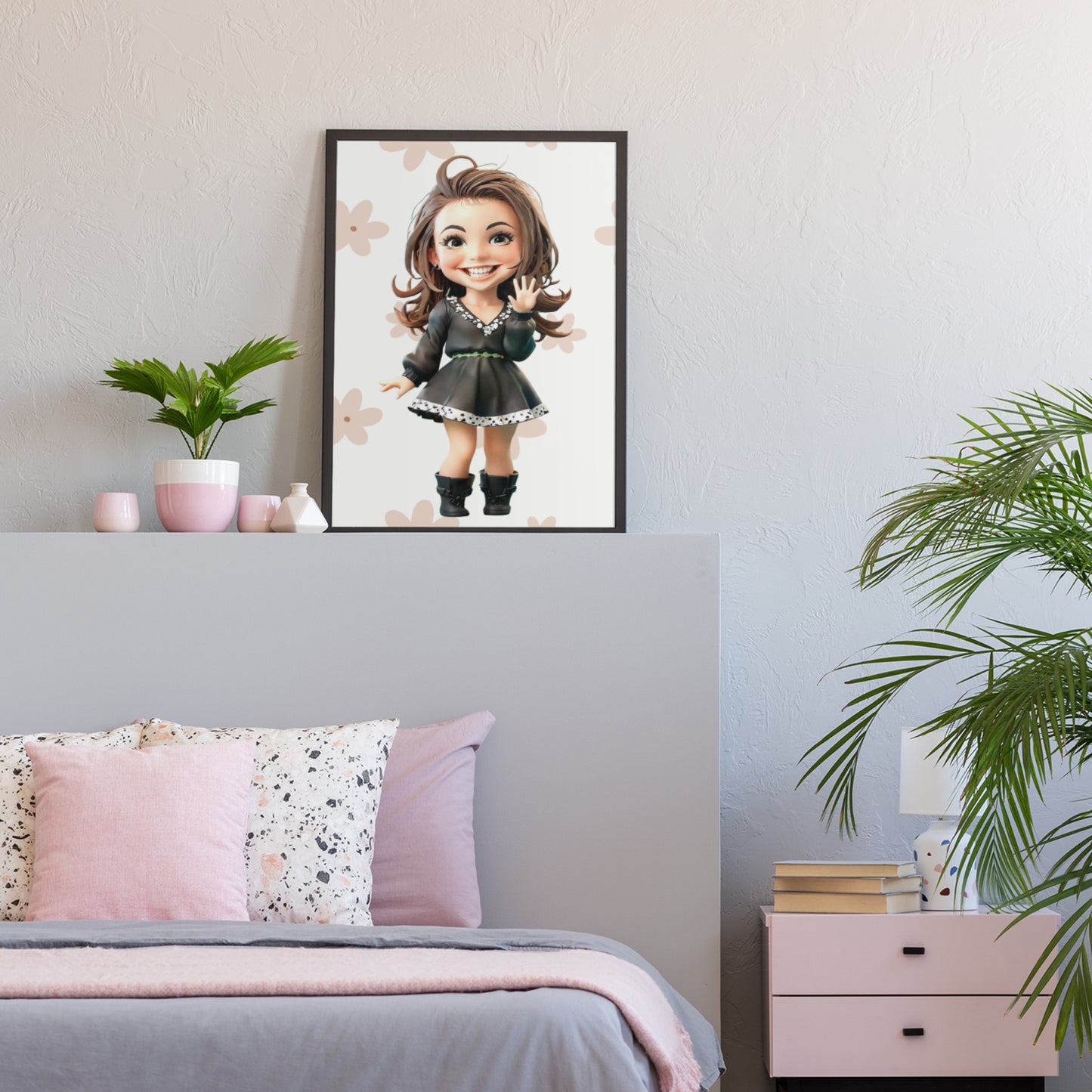 A framed custom cartoon portrait poster featuring a stylish young woman in a designer-chic dress waving cheerfully, displayed as cozy wall art in a modern living room.