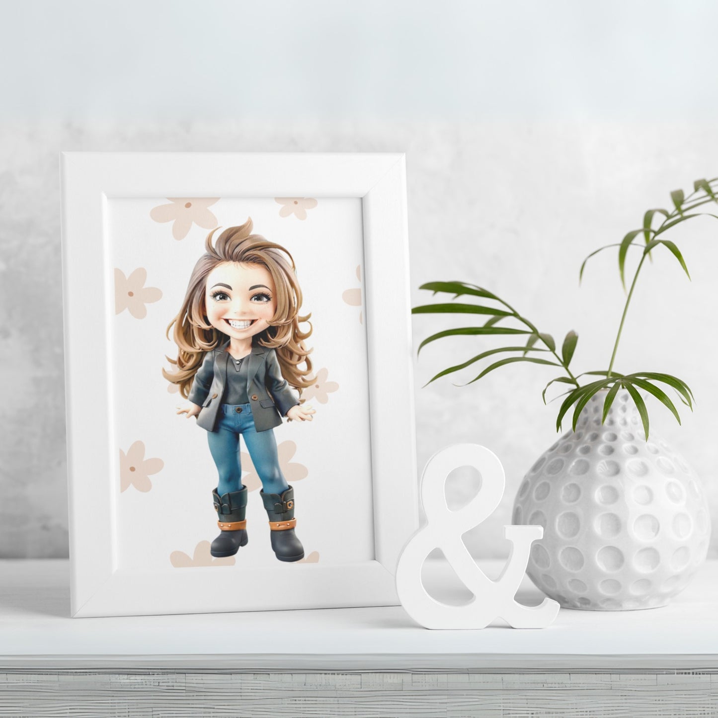A framed custom cartoon portrait poster featuring a stylish young woman in smart-casual attire with black boots, smiling warmly - displayed as charming wall art in an inviting living room.