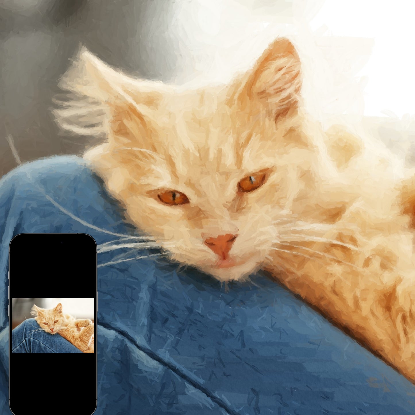 A custom oil-painted portrait of an orange cat sitting on a lap, with its original photo displayed on a phone beside it.