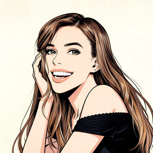 Custom comic portrait of a woman with long brown hair wearing a black top on a beige background.