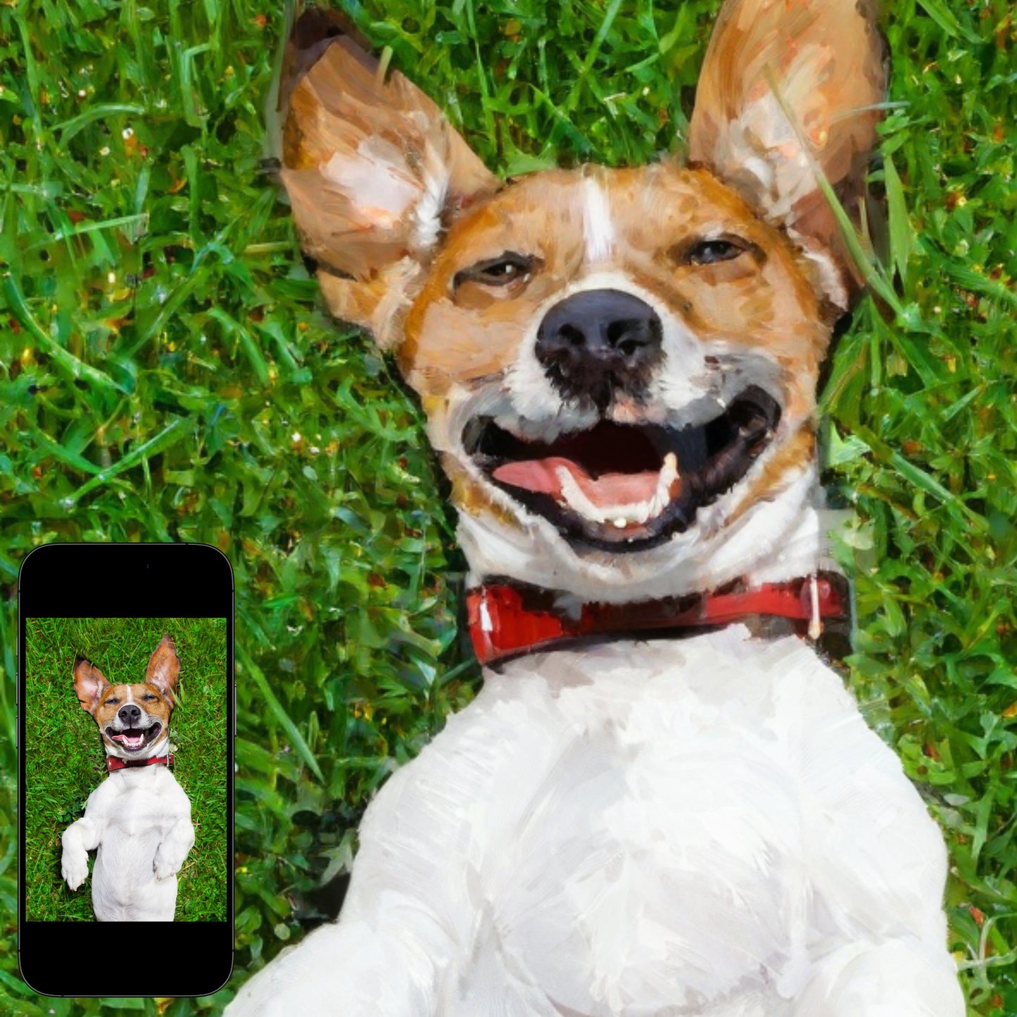 A close-up of a corgi dog portrait in an oil painting style, with its original photo displayed on a phone beside it.