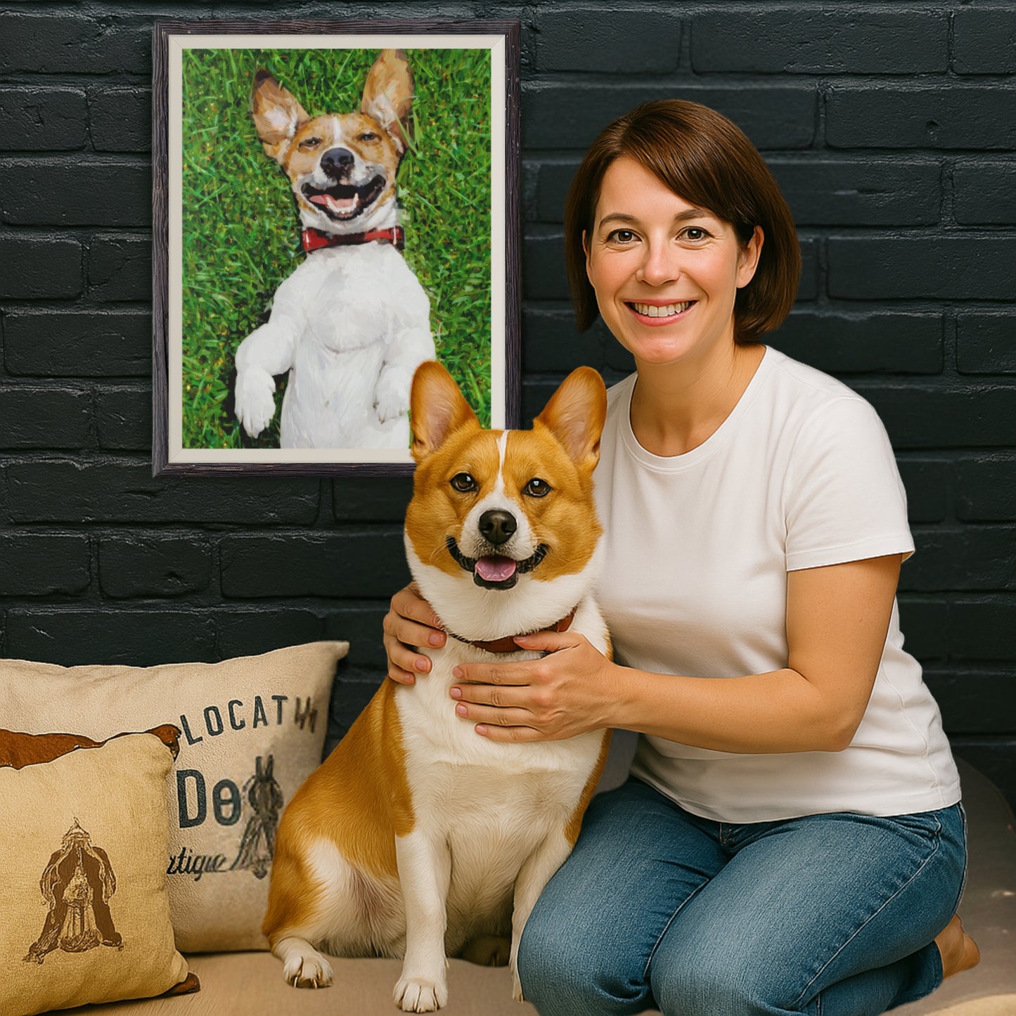 A woman holding her Corgi, with its oil-painted portrait hanging on the wall behind them.