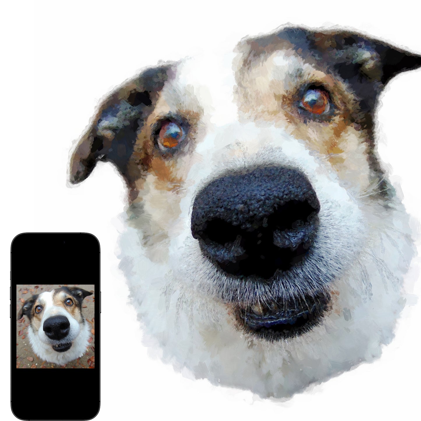 A close-up of a dog portrait in an oil painting style, with its original photo displayed on a phone beside it.