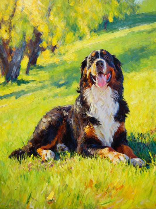 Oil Painting of a Bernese Mountain Dog sitting in a grassy field with trees in the background