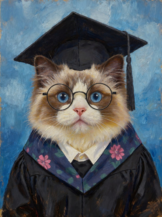 Custom pet graduation portrait of a cat in cap and gown with floral stole, posed formally against a blue backdrop—adorable, funny, and frame-worthy.