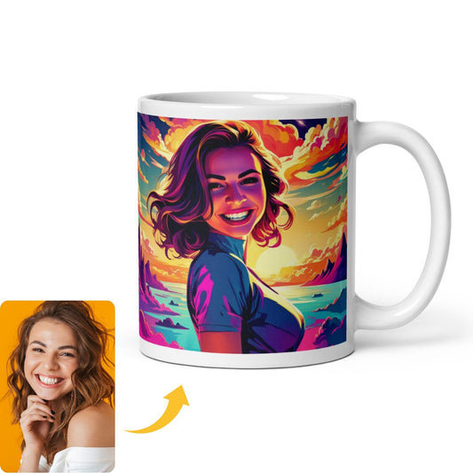 "Custom mug featuring a vibrant pop art portrait of a woman, with her original photo displayed on the side.