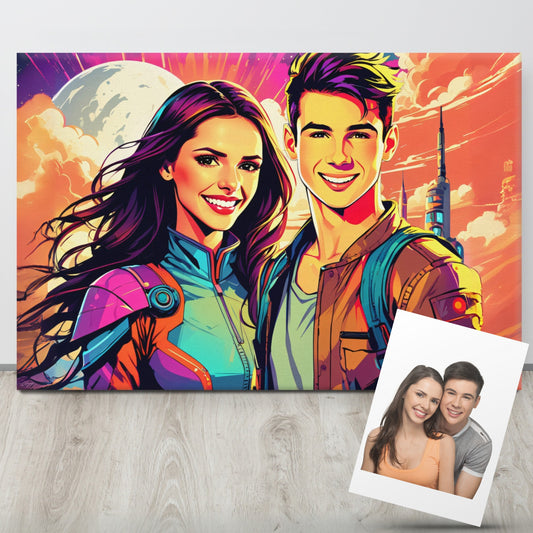 Custom pop art portrait featuring a young couple on canvas.