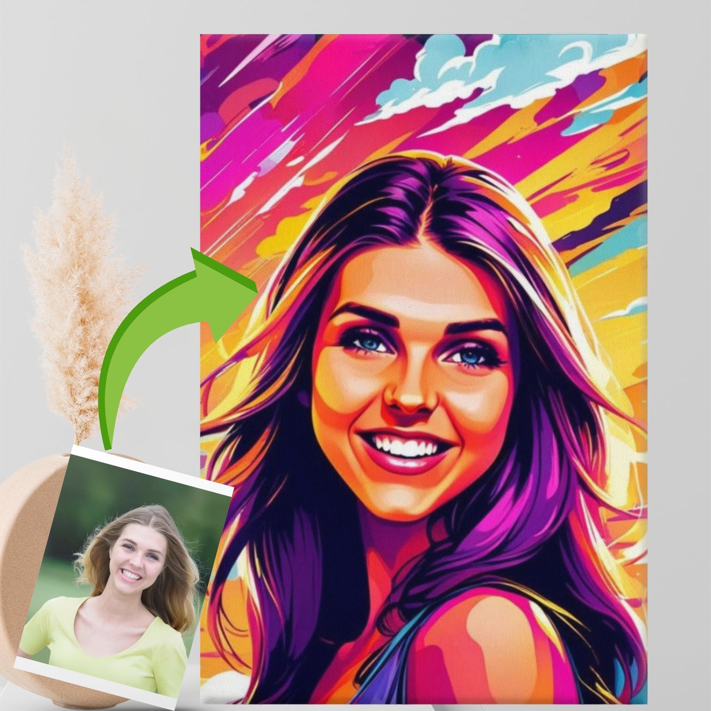 custom portraits in vibrant pop art style with a comic twist, featuring a smiling young girl on canvas, displayed alongside the original picture.