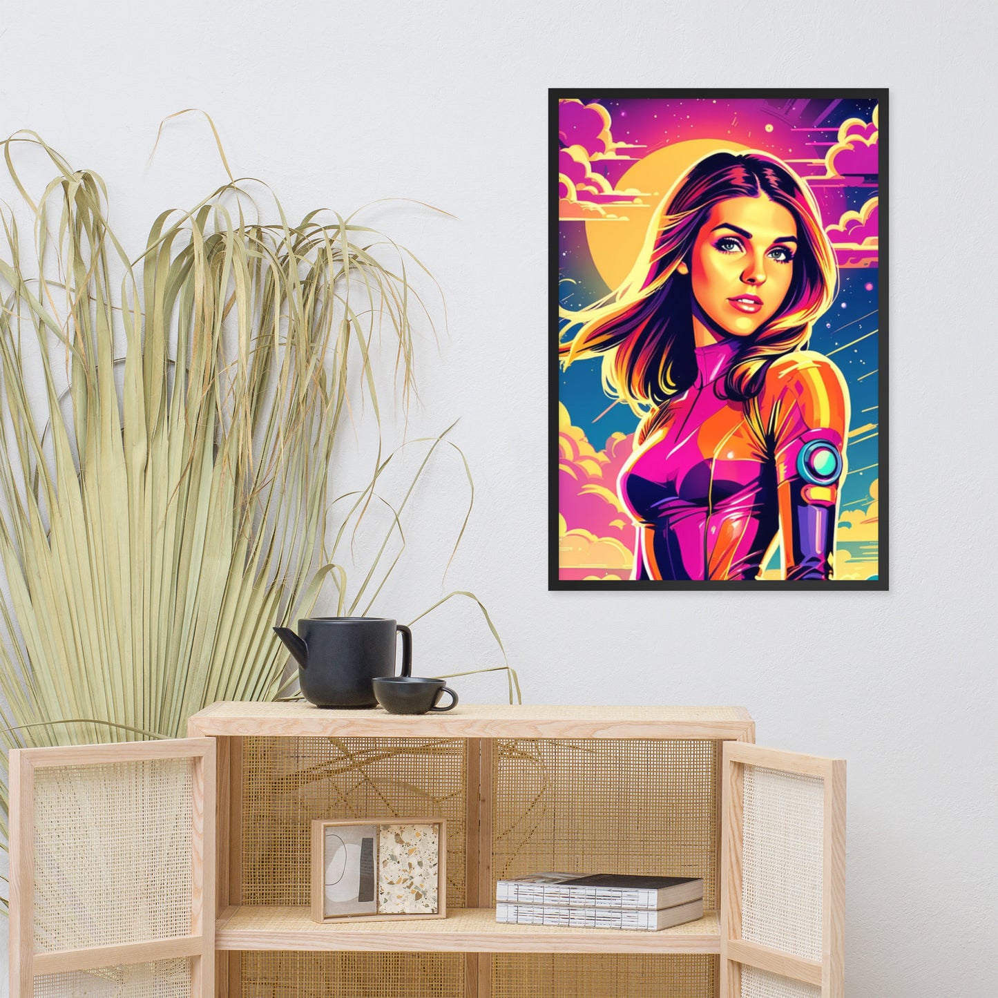 Custom portraits in vibrant pop art style, featuring a young woman on framed poster displayed on a wall.
