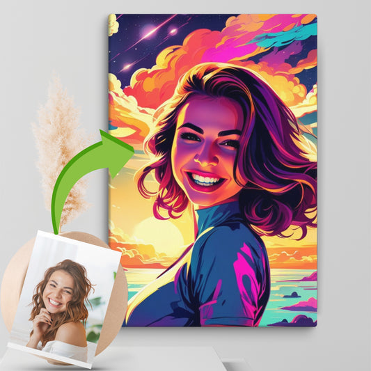 custom portraits in vibrant pop art style with a comic twist, featuring a smiling young woman on canvas, displayed alongside the original picture.