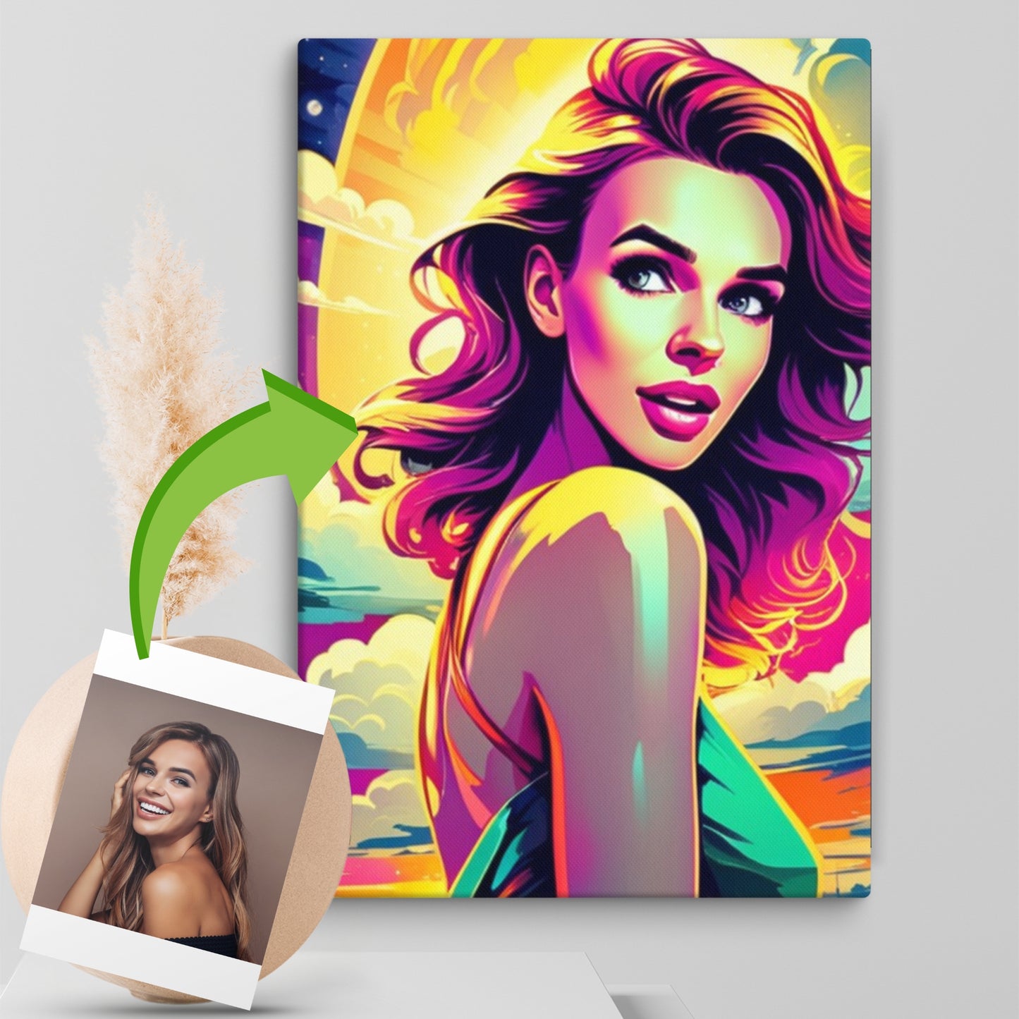 custom portraits in vibrant pop art style with a comic twist, featuring a stunning woman on canvas.