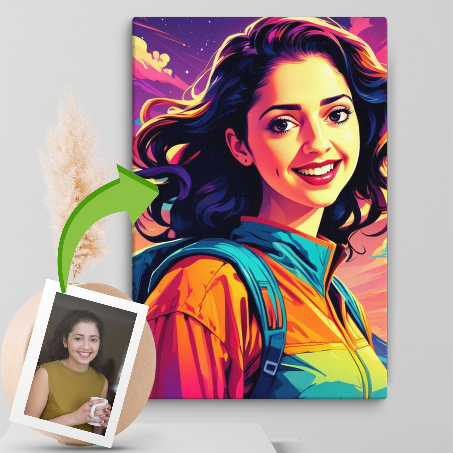 custom portraits in vibrant pop art style with a comic twist, featuring a smiling young woman on canvas, displayed alongside the original picture.