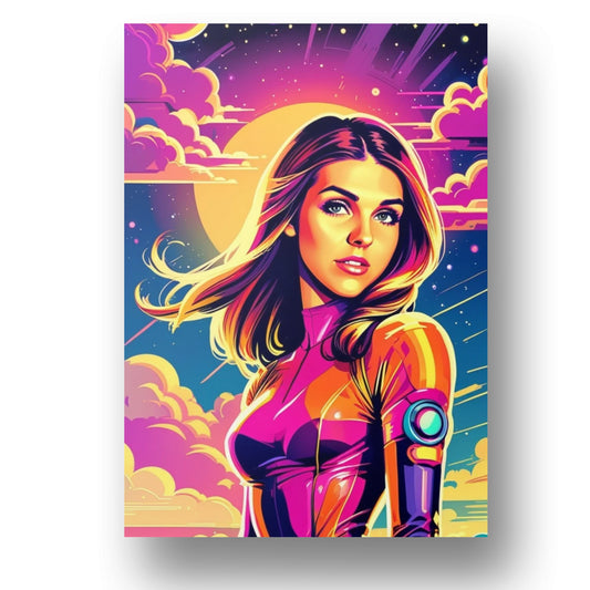 Custom portraits in vibrant pop art style with a comic twist, featuring a young woman on unframed poster.